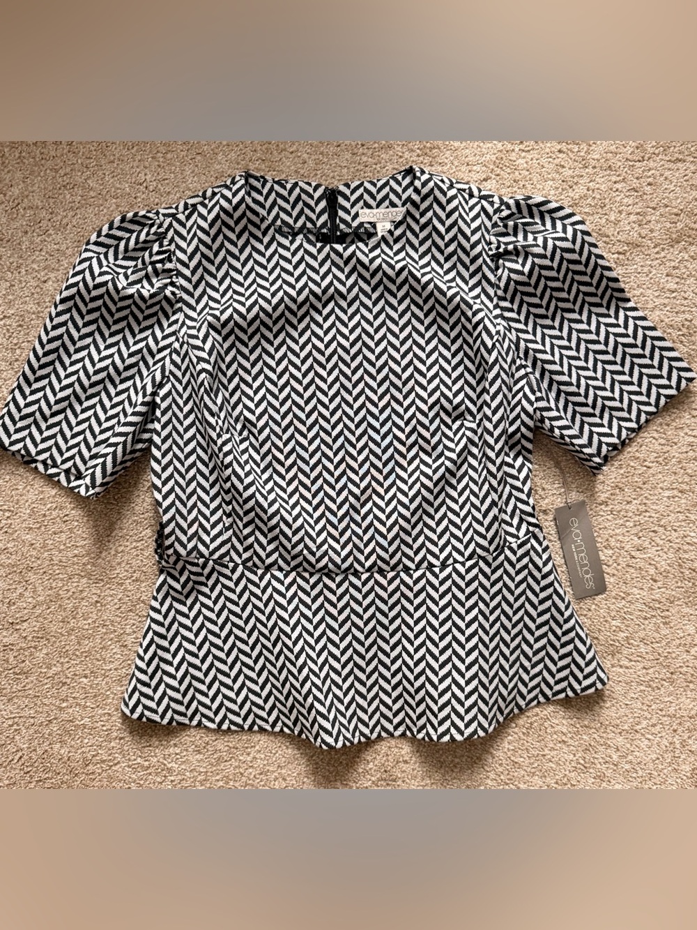 Eva Mendes NY&Co Black & White Chevron Belted Peplum Top - Picture 6 of 13